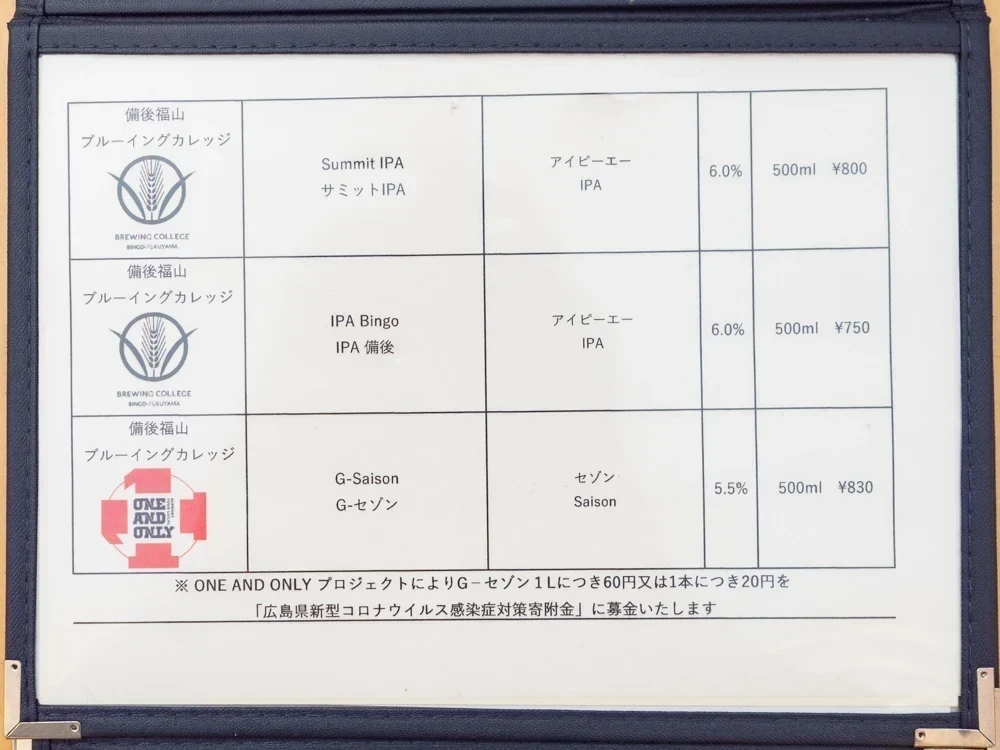 備後福山ブルーイングカレッジ&ザ・ビア:メニュー