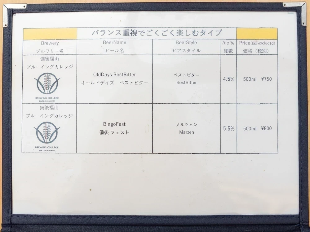 備後福山ブルーイングカレッジ&ザ・ビア:メニュー