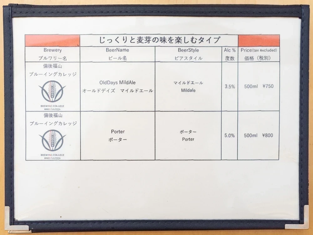 備後福山ブルーイングカレッジ&ザ・ビア:メニュー