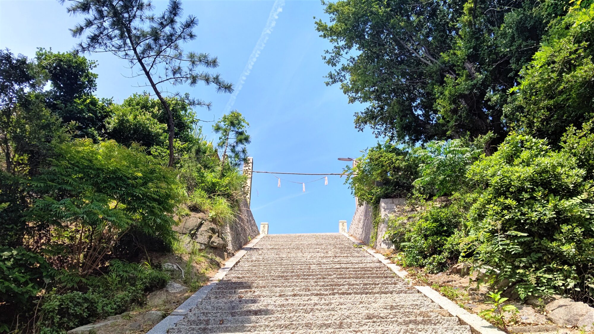 素盞嗚神社の参道。往きは空に吸い込まれ…。