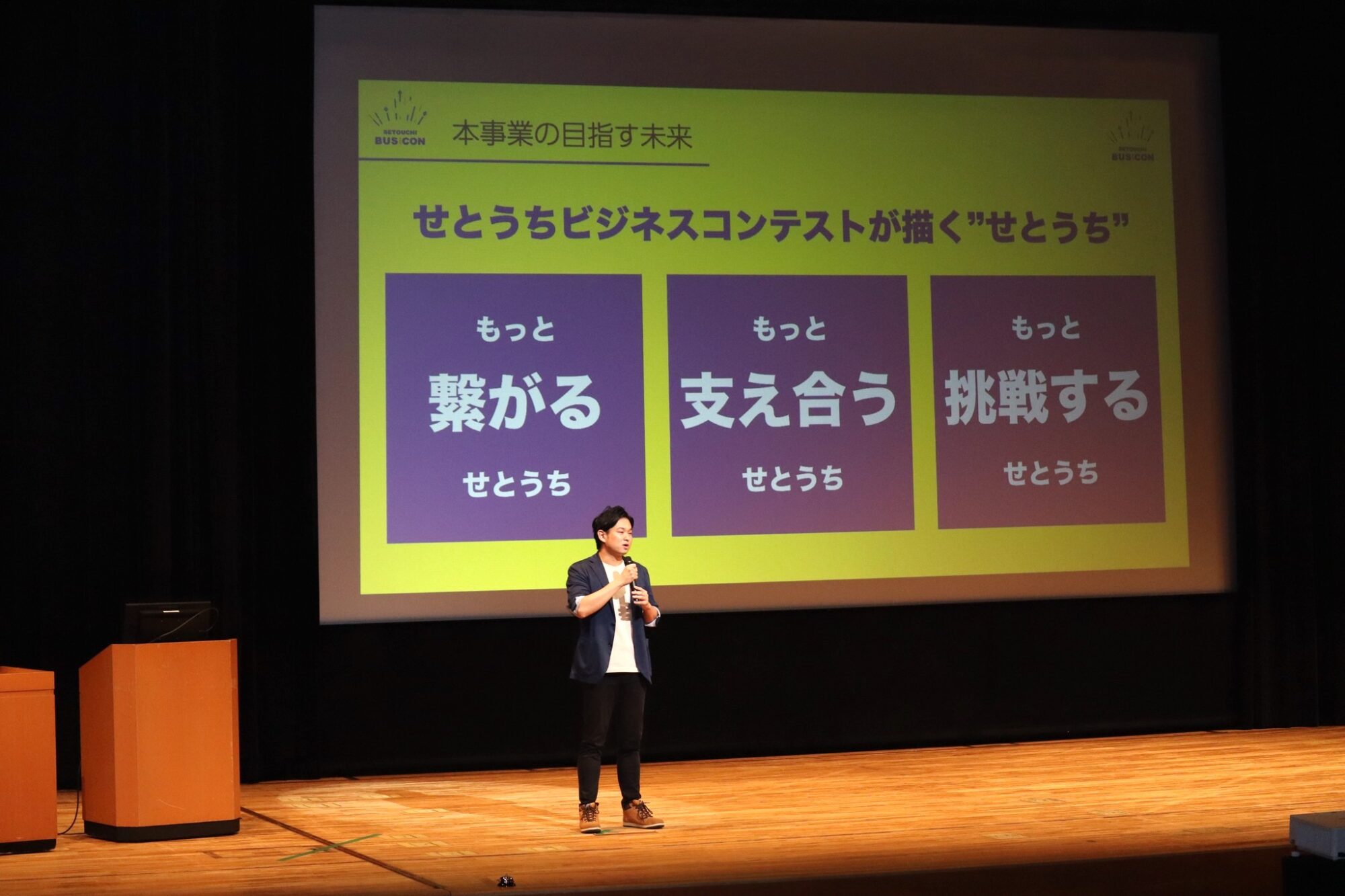 説明をする実行委員長の貝原大和さん (せとうちビジネスコンテスト実行委員会提供)