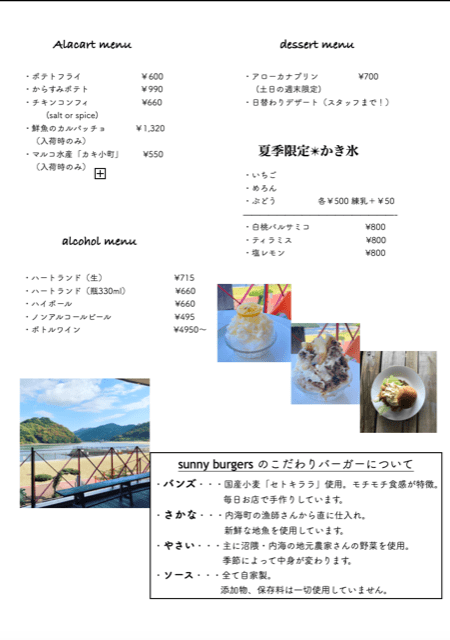 サニーバーガー：メニュー 8月更新