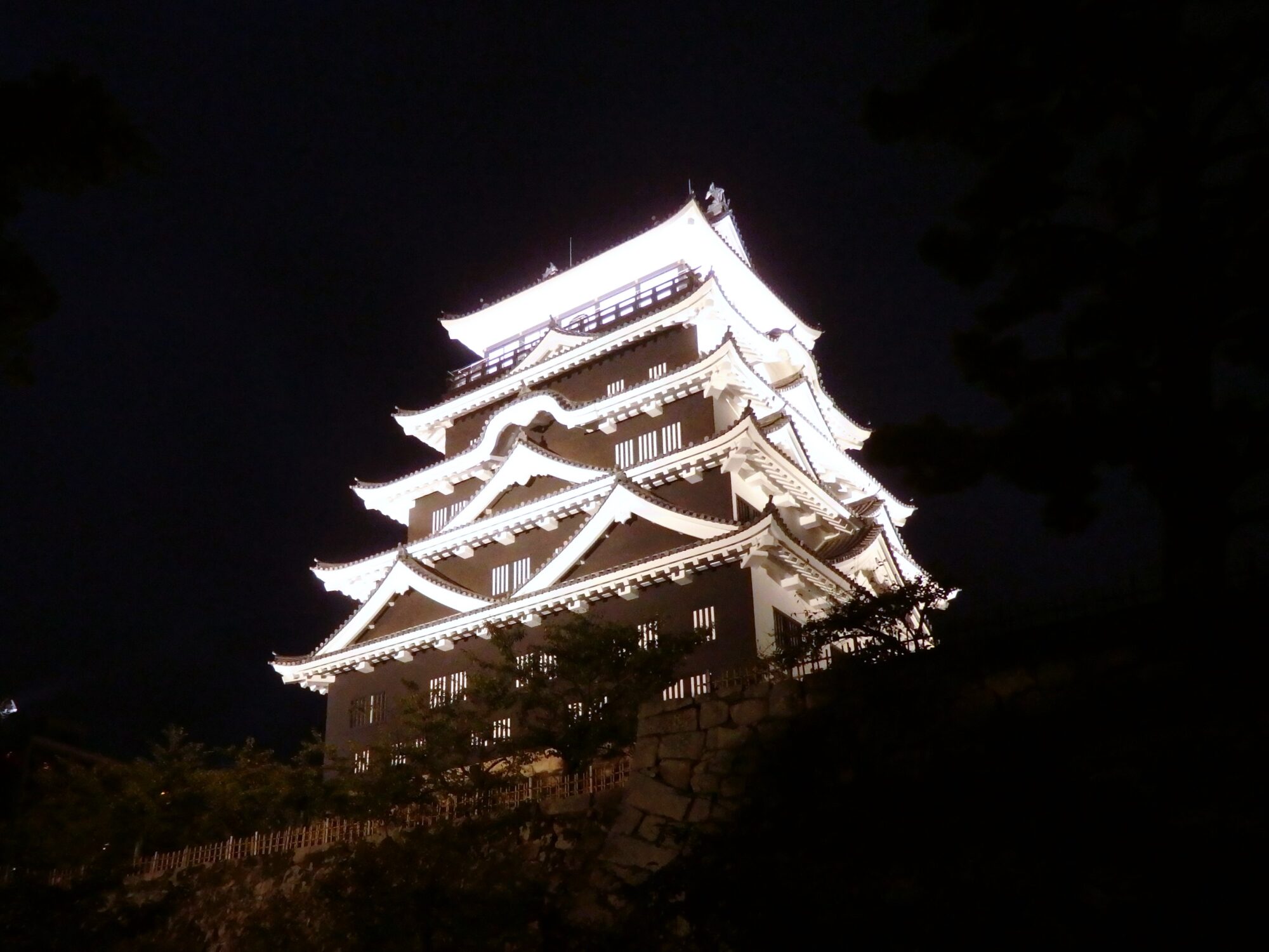 ライトアップされた福山城天守　黒塗りの鉄板が夜に沈み白漆喰が際立つ