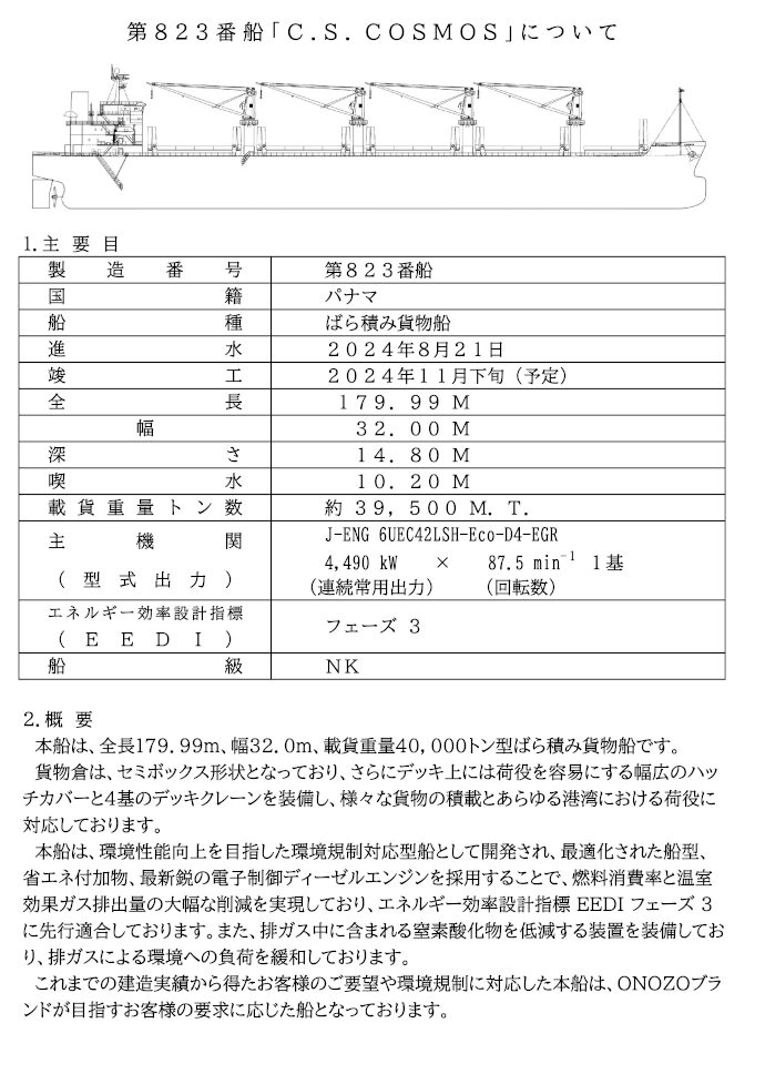 第823番船（C.S.COSMOS）の概要